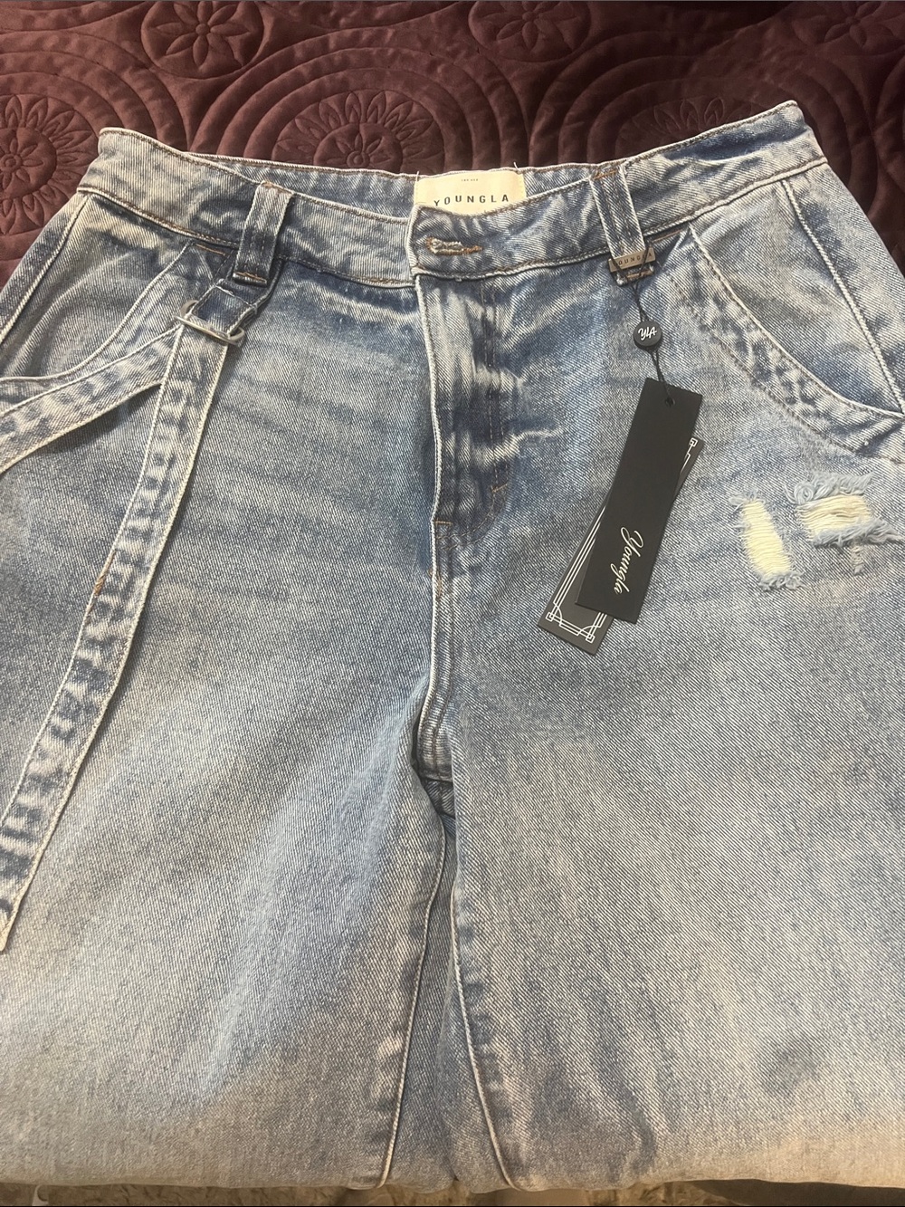 YoungLA Light Blue Relaxed Jeans with Belt Detail
